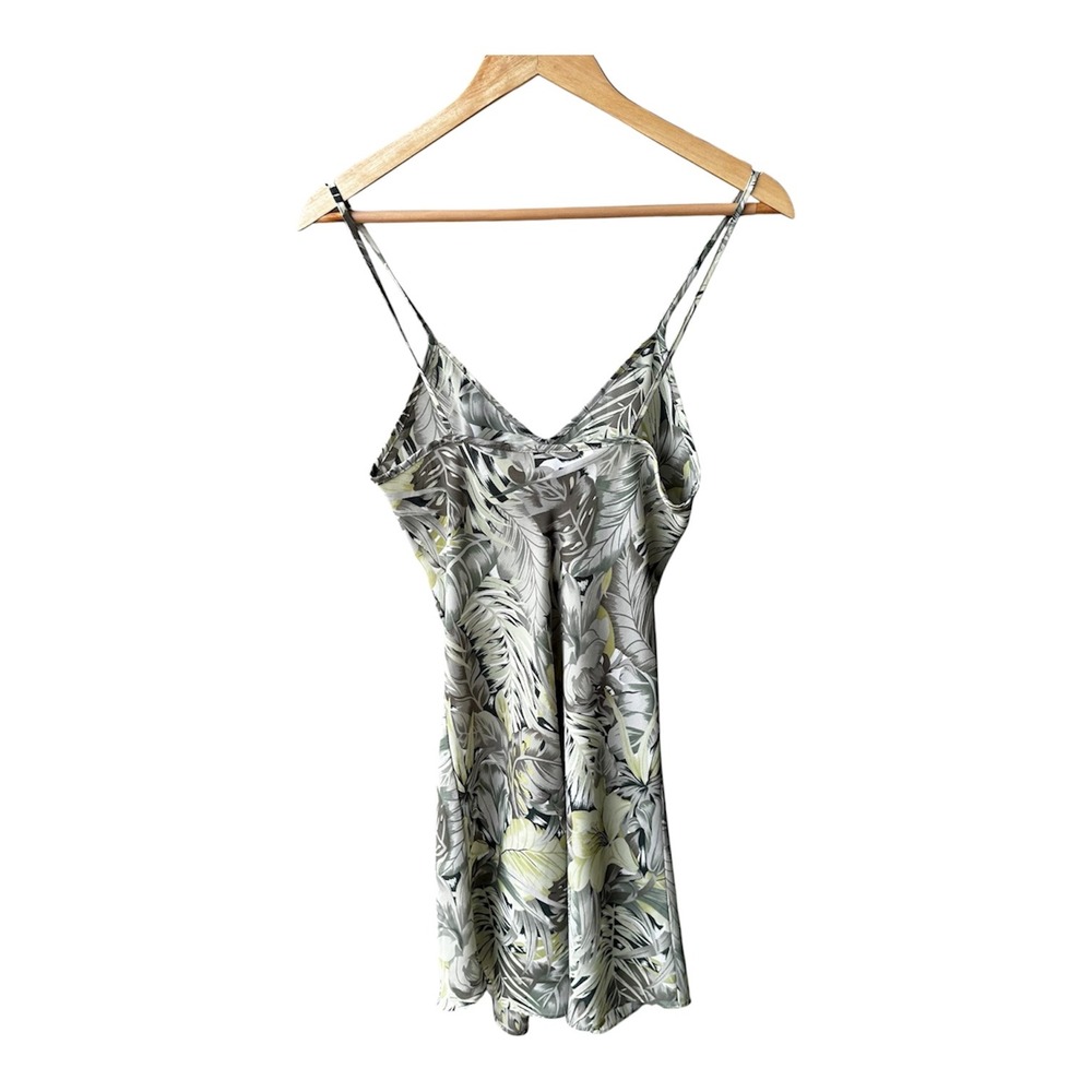 Nicolette Dress Tropical Leaf Print Slip Olive Green Sage Mini Vintage Sz Small
